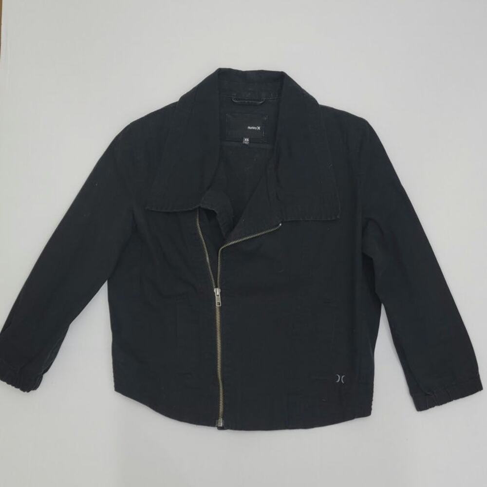 Hurley Women's Black Moto Jacket Asymmetrical Side Zip Crop Lightweight Size XS